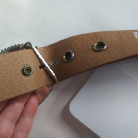 Boho hippie  leather belt with snap in colorful metal buckle size SM 32 inches main image 4
